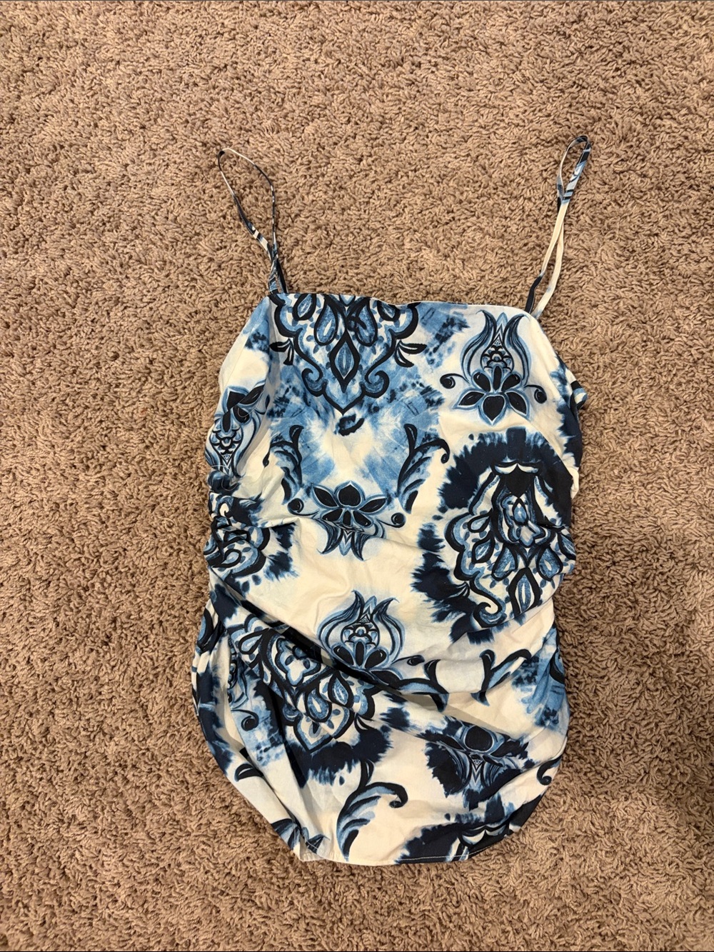 Zara White and Blue Patterned Spaghetti-Strap Tank